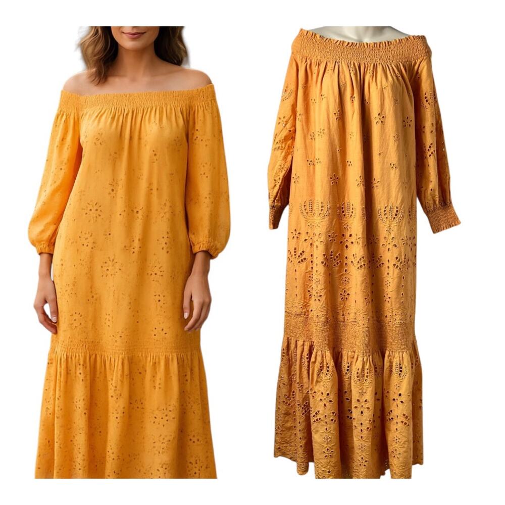 Chico's Mustard Off-Shoulder Eyelet Mini Dress